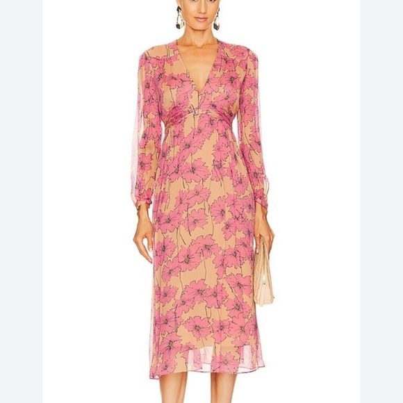 NWTs Joie | Kaz Dress in Sandstorm Multi 100% Silk Midi Length Size Large - Picture 1 of 8